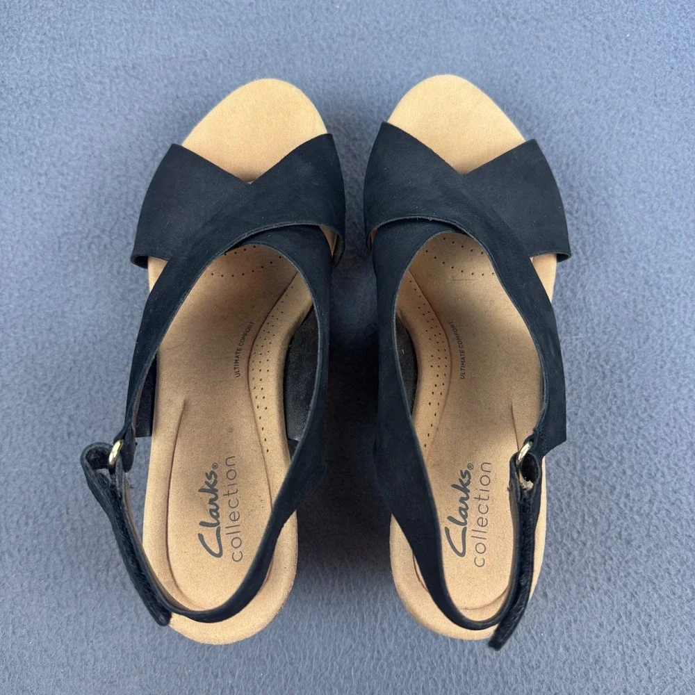 Clarks Annandel Eirwyn Wedge Sandals Womens 9 Black Leather Cork Platform Sling